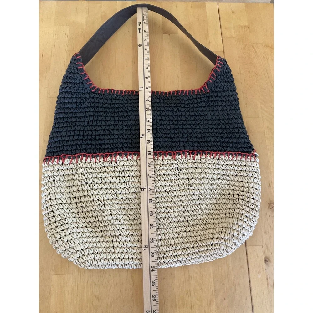 Sonoma Goods For Life Woven Straw Hobo Bag Black Tan Colorblock Red Whipstitch - Picture 7 of 9